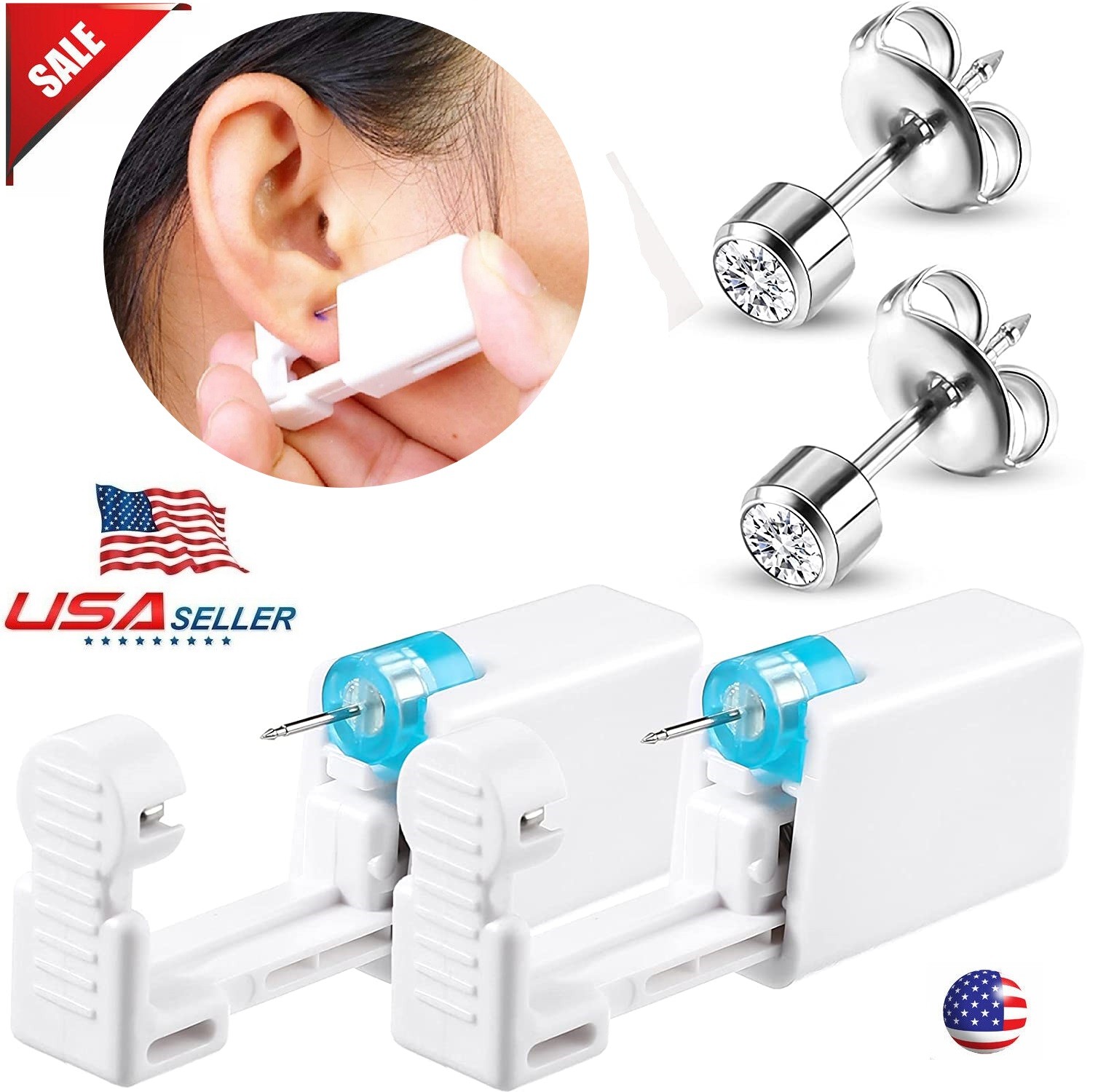6Pcs Ear Piercing Disposable Kit Silver Stud Earring Gun DIY Home Self Ear Sets