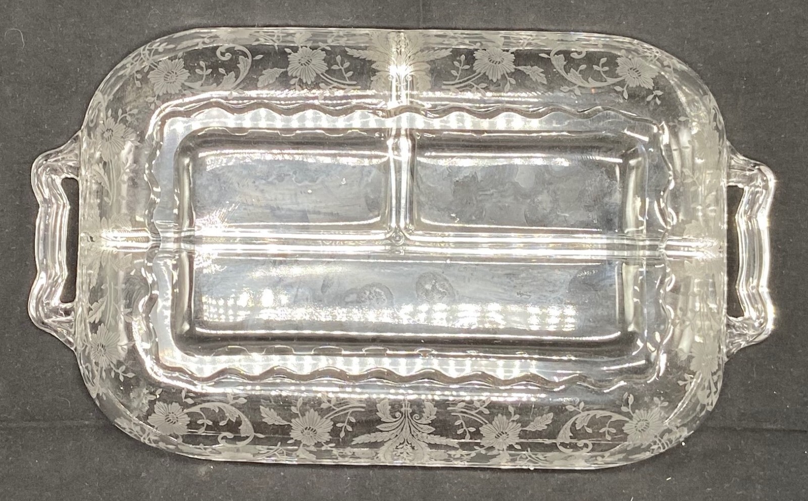 Heavy clear glass rectangular candy dish - sectioned - excellent condition