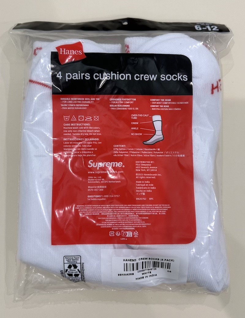 Supreme X Hanes Crew Socks - White, 4 Pack, Size 6-12