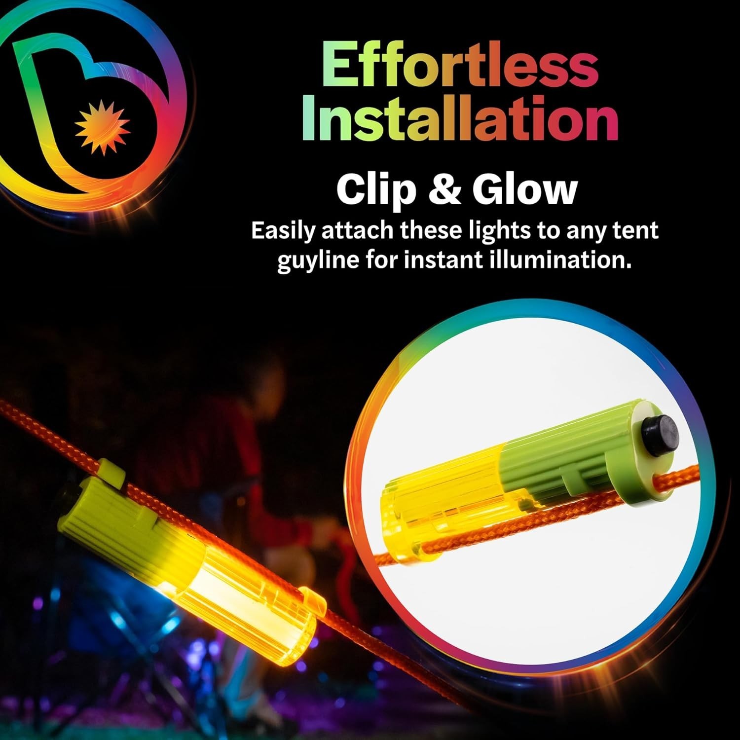 Brightz LED Tent String Lights - Keep Tent Guy-Lines Visible at Night - Campsite