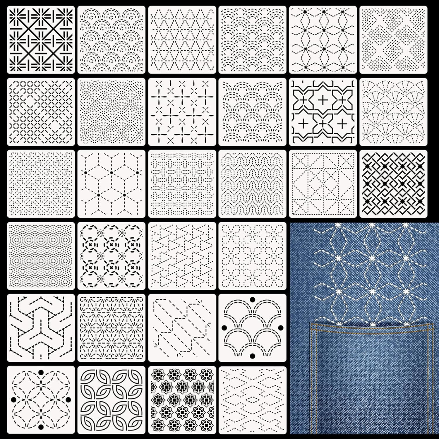 30 Pcs Plastic Sashiko Stencil 4.7 X 4.7 Inch Geometric Sashiko Pattern Template