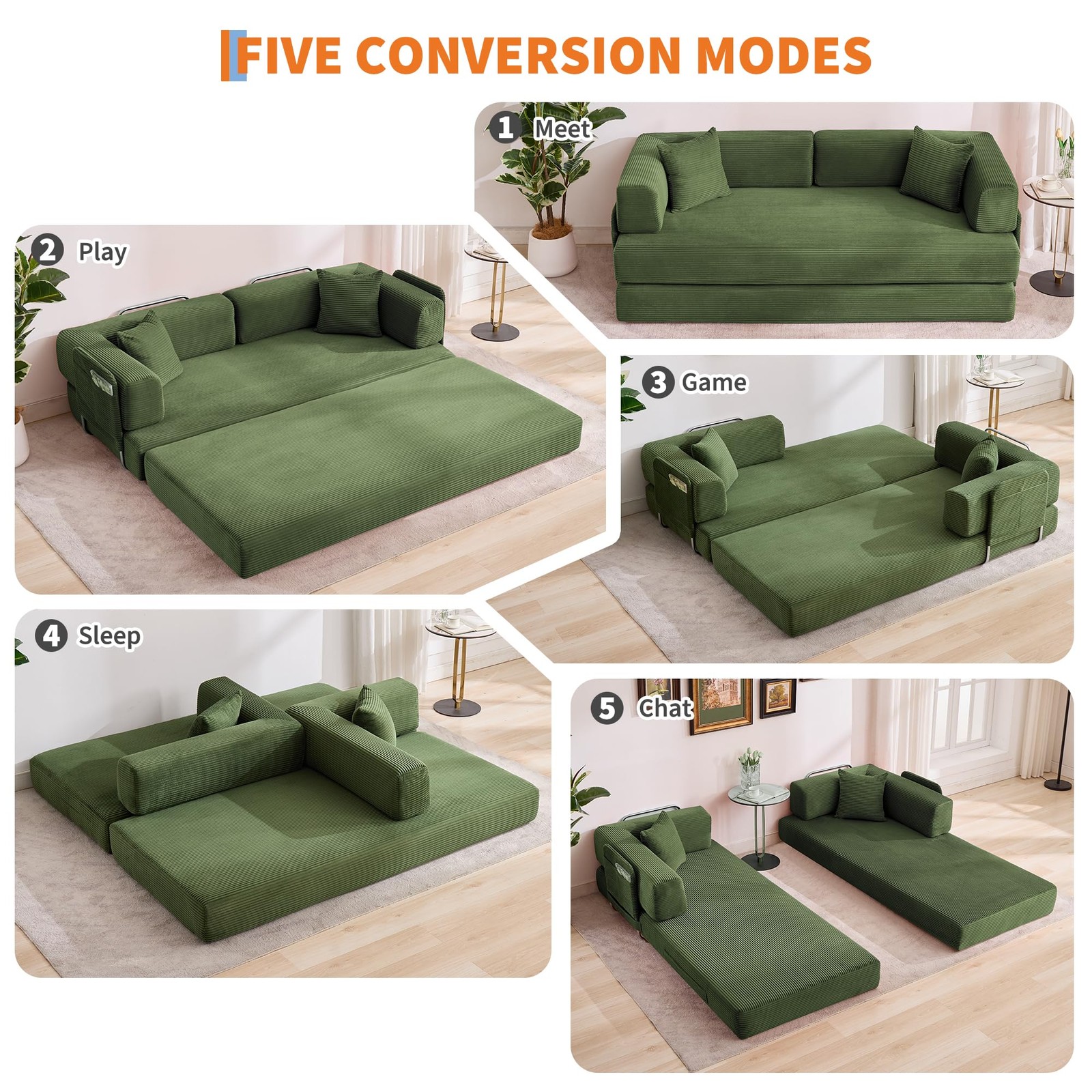 5-in-1 Folding 78.8" Convertible Sleeper Sofa Bed w/ Fixed-Shape Frame, Pillow