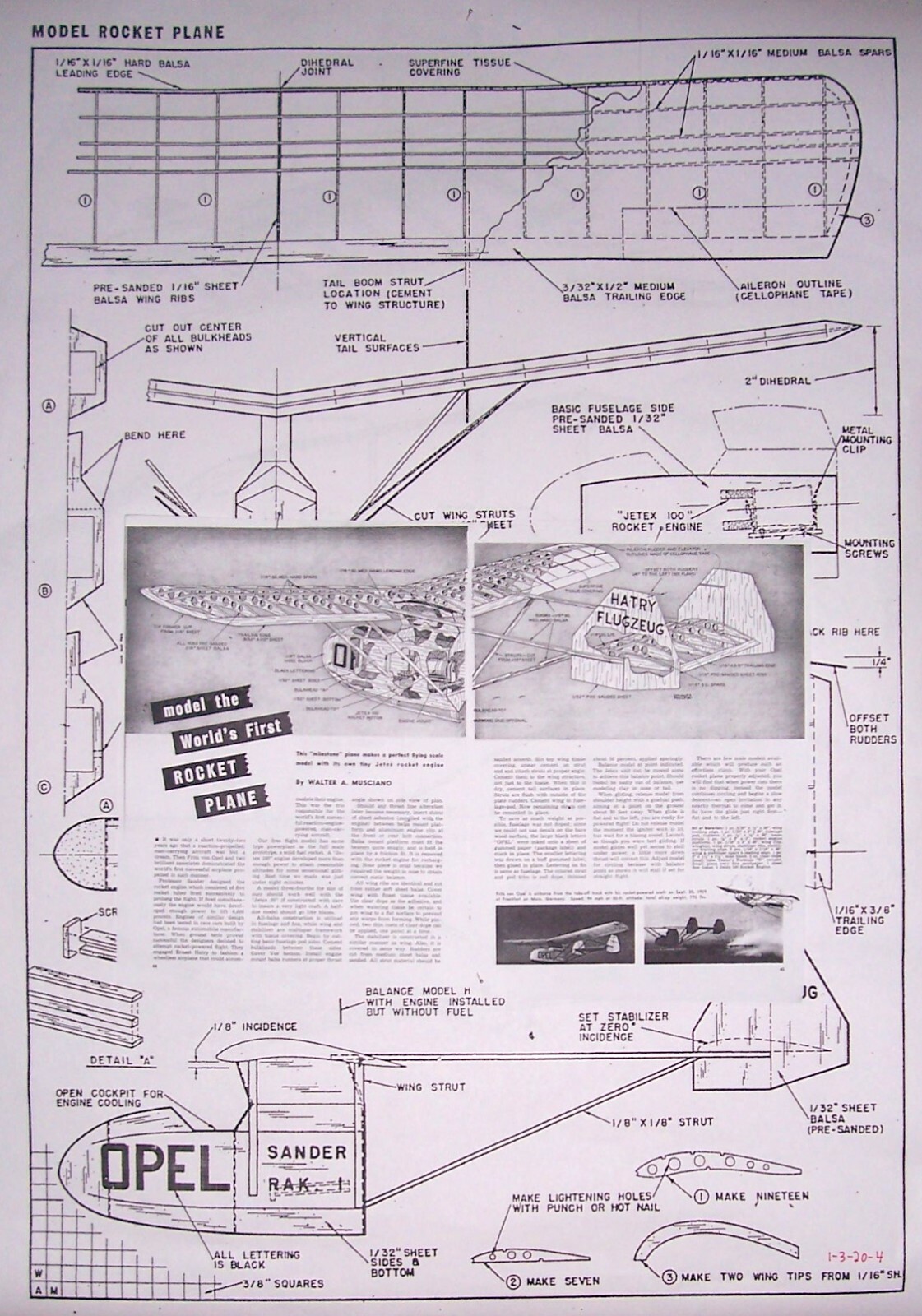 ROCKET PLANE PLAN & CONSTRUCTION ARTICLE for 28" Jetex Scale FF Model Airplane