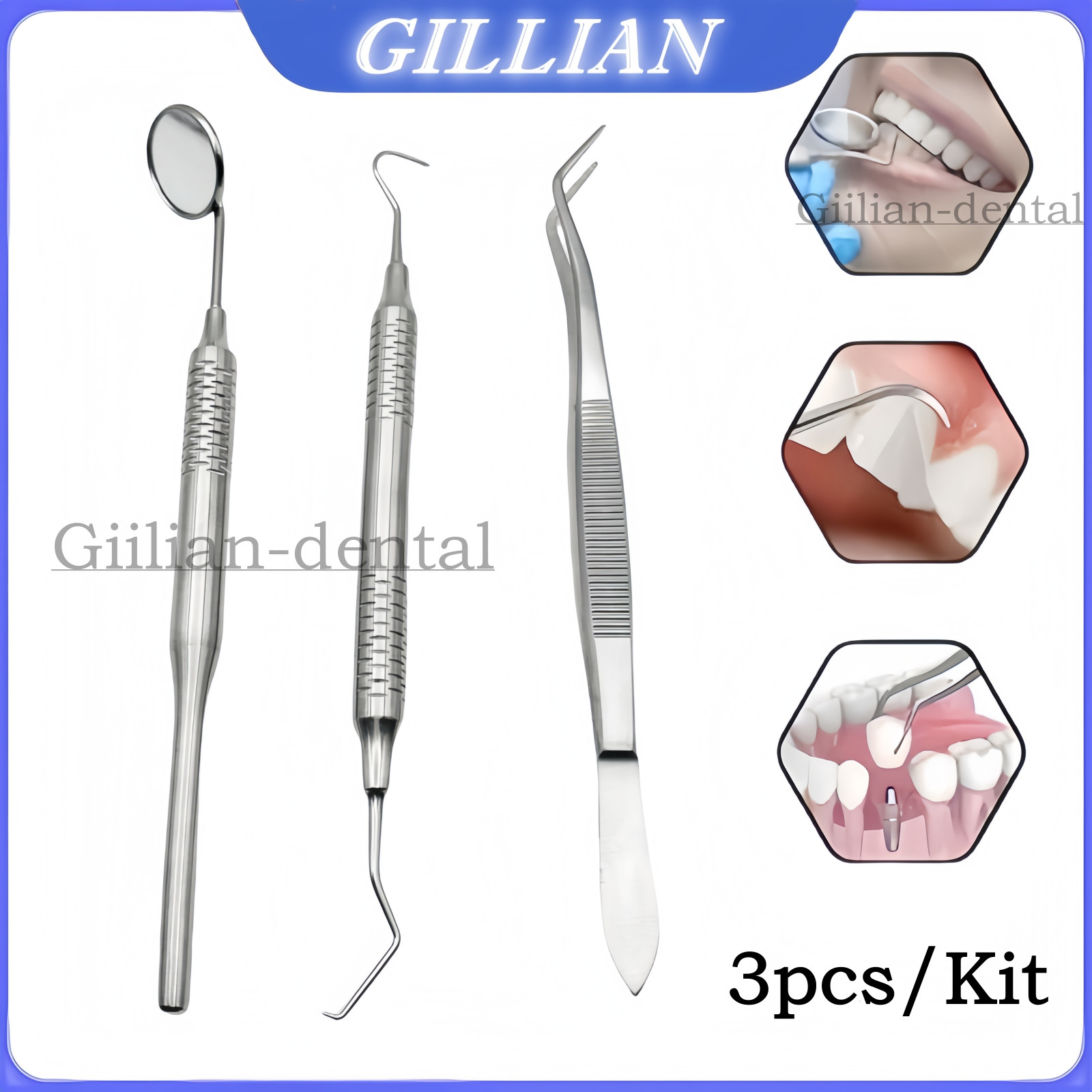 3pcs Dental Basic Instruments Set Tweezer Explorer Mirror Plier Stainless Steel