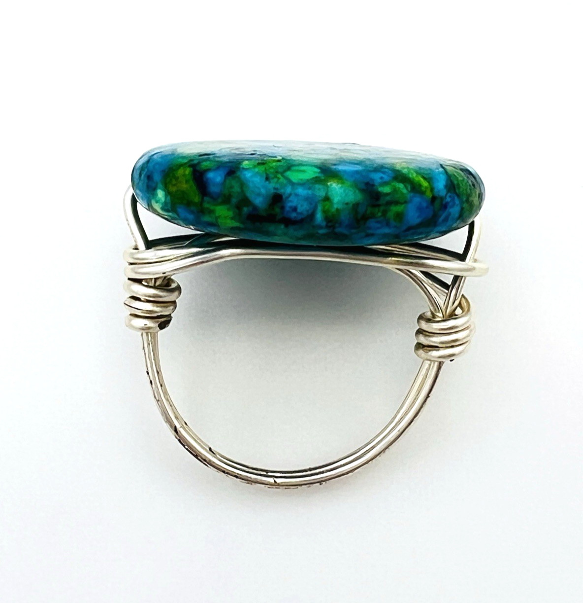 Handcrafted Silver Plated Wire Wrapped Mosaic Composite Stone Ring Size 8