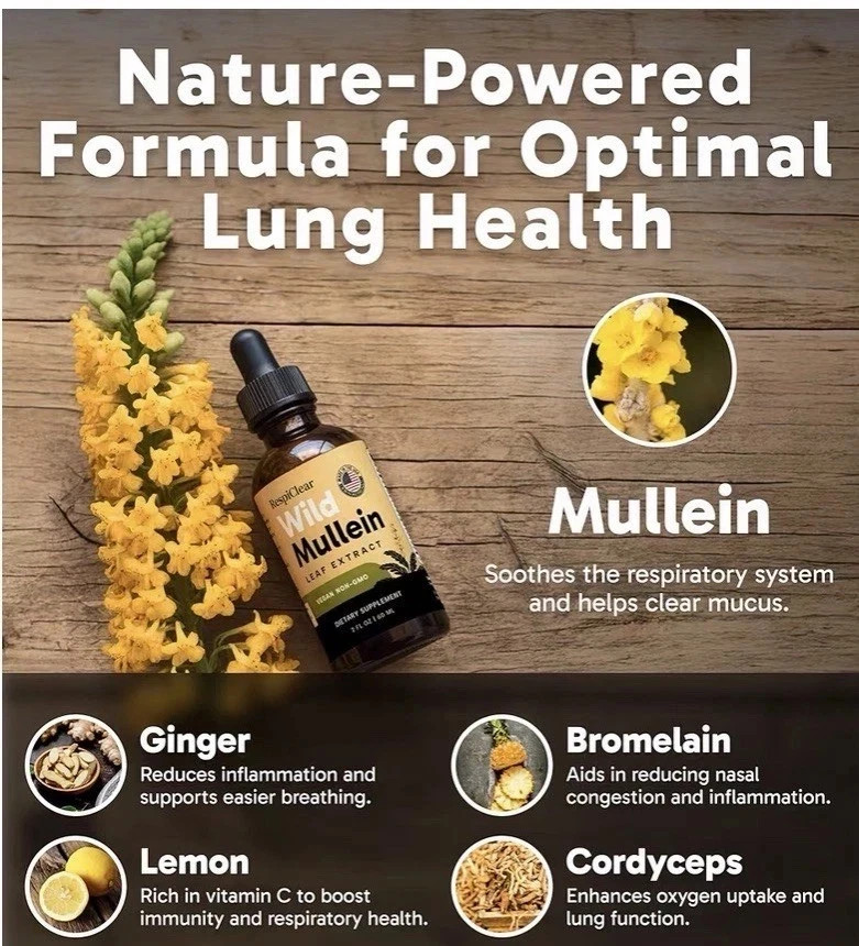 RespiClear Wild Mullein Leaf Extract Liquid Drops Vegan Non-GMO Lemon 2 fl oz