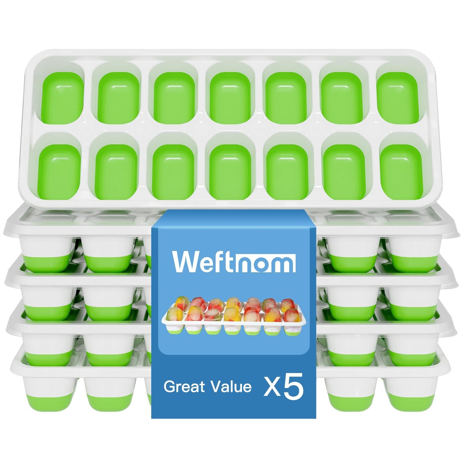 Ice Cube Tray 5 Pack, 60 Cubes (14 per Tray) Silicone Ice Cube Trays with Spi...
