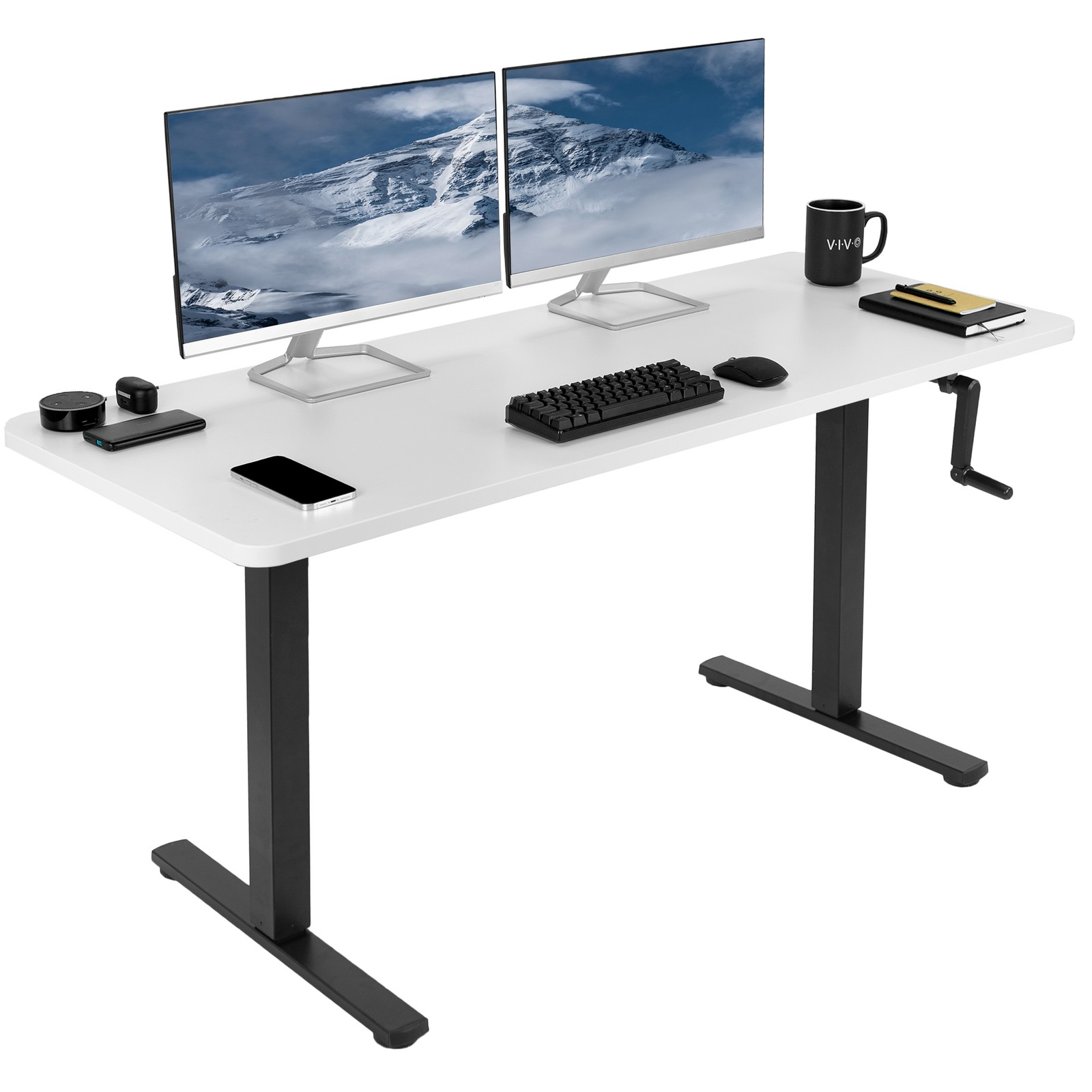 VIVO Manual 60” x 24” Stand Up Desk | White Table Top, Black Frame