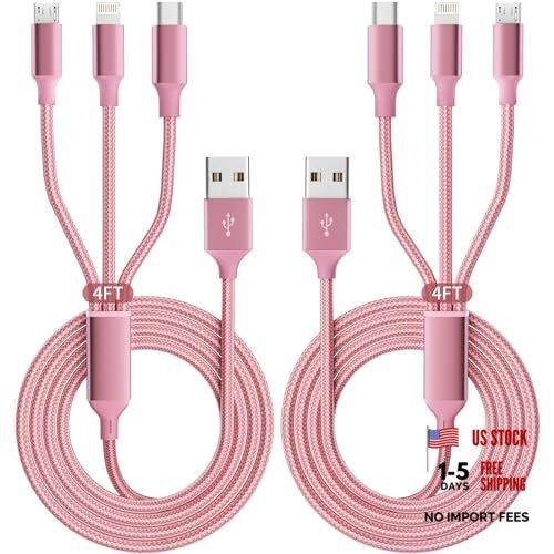 Multi Charging Cable, 3 in 1 Charging Cord for Multiple 3IN1-4FT2Pack 2 Pink