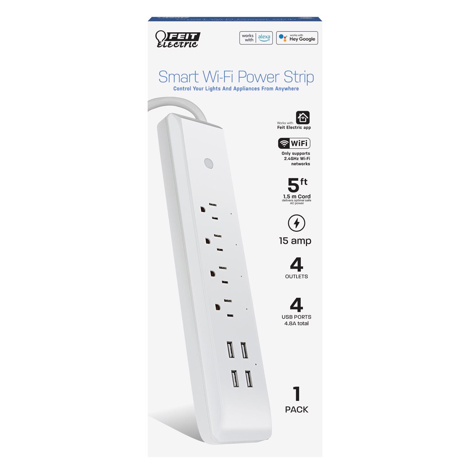 Feit Electric 5 ft. L 4 outlets Wi-Fi Power Strip with USB White