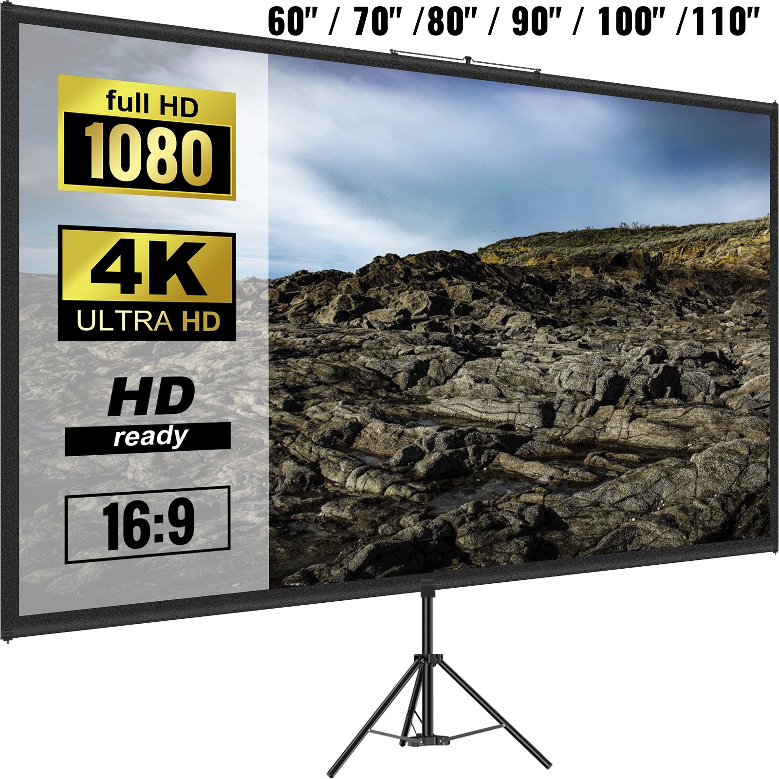 Uimoso Tripod Projector Screen with Stand 60"/70"/80"/90"/100"/110" 4K HD 16:9