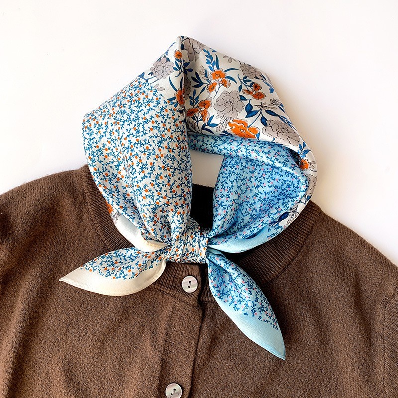 100% Pure Silk Small Scarf Women Neckerchief Bandana Wrap Blue Flowers 53*53cm