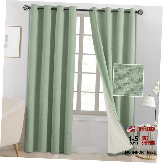 100% Blackout Linen Curtains 84 Inch 52"W x 84"L (Pack of 2) Light Sage Green