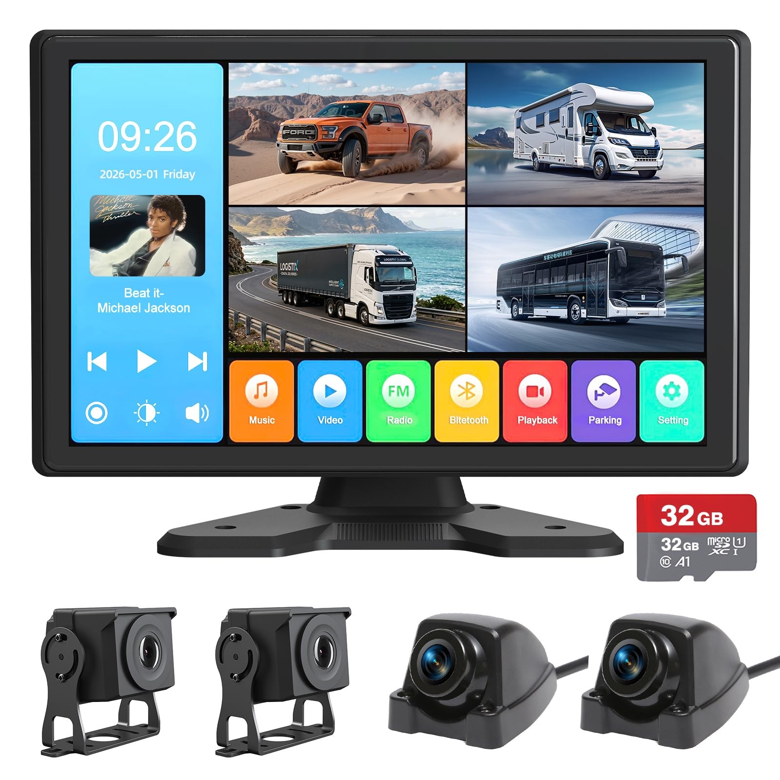 4 Channel Backup Camera System,Touchable 10.1 inch Monitor with 4 camera 128G