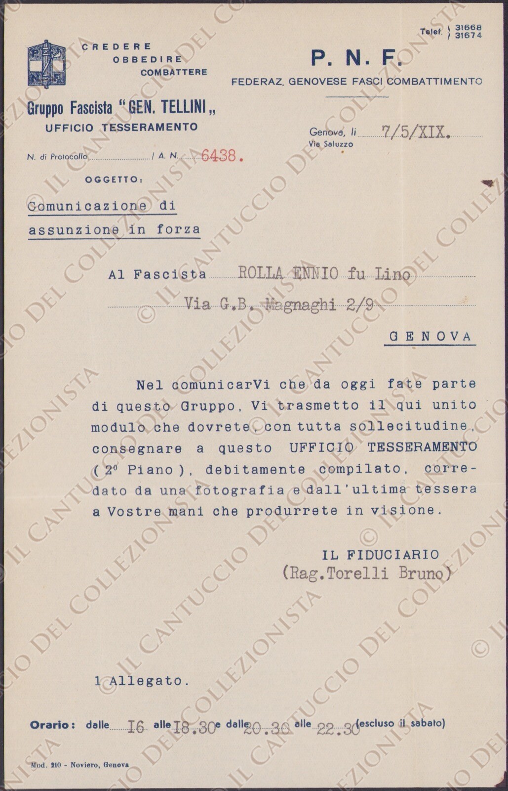 1941 GENOVA Gruppo Fascista Generale Tellini PNF Fasci combattimento