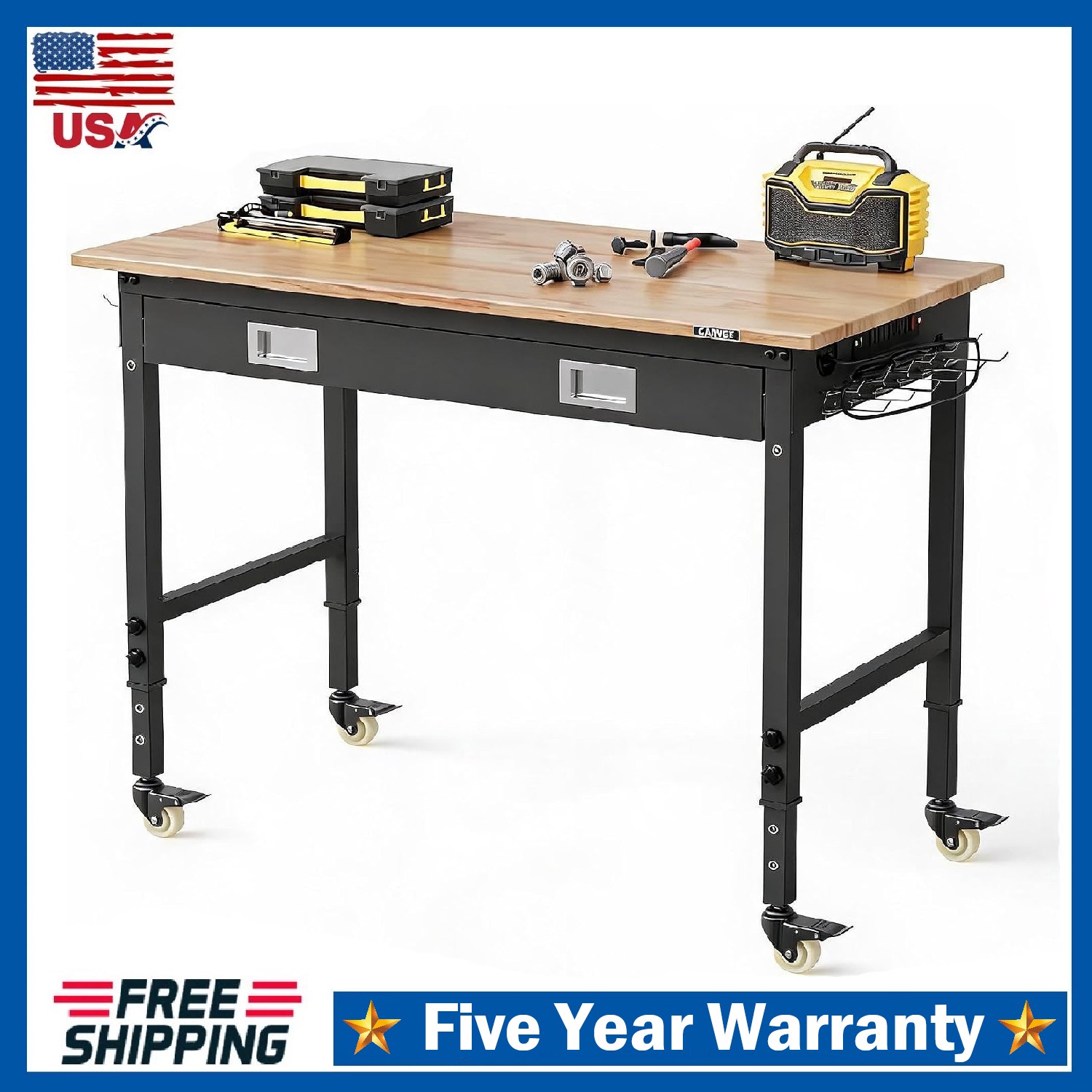 48" Workbench Adjustable Work Table Garage 2000LBS with Power Outlets & Drawers