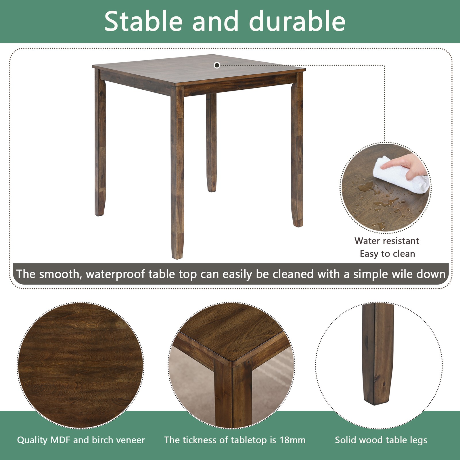 5-Piece Counter Height Square Wooden Dining Table Set w/ 4 Upholstered Chairs
