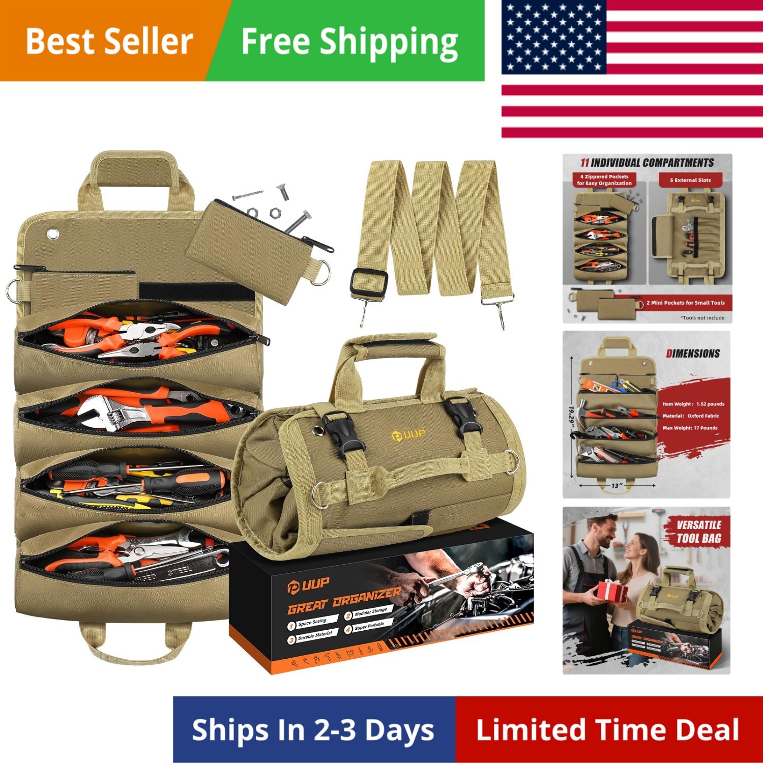 Tool Bag Roll Up, Heavy Duty Rolled Empty Tool Storage Organization, Portable...