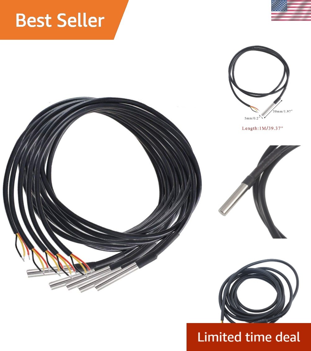5 Pack DS18B20 Waterproof Stainless Steel Temperature Probe Sensors 1M - Dura...