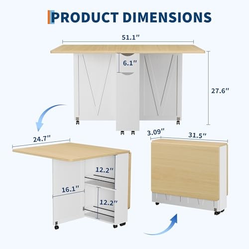Folding Dining Table with Storage, Folding Kitchen Table with 6 Burlywood