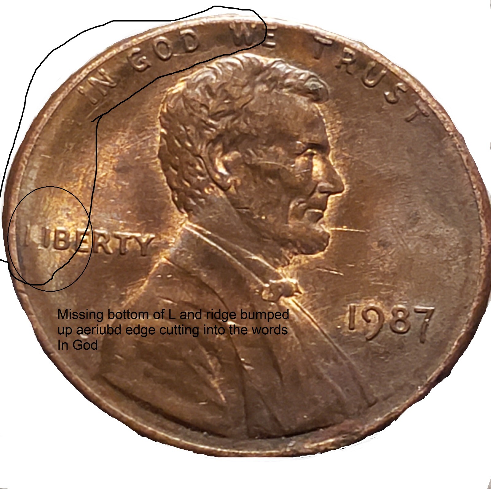 1987 Lincoln Memorial Penny No Mint Mark Rim Die Through Lettering ERROR
