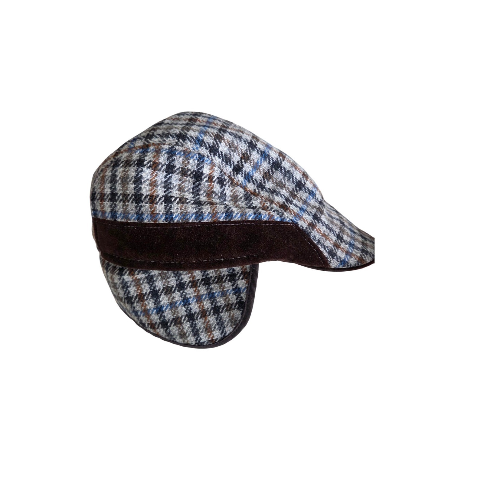 Houndstooth Newsboy Cap Brown Blue Plaid Driving Golf Hat Ear Flaps