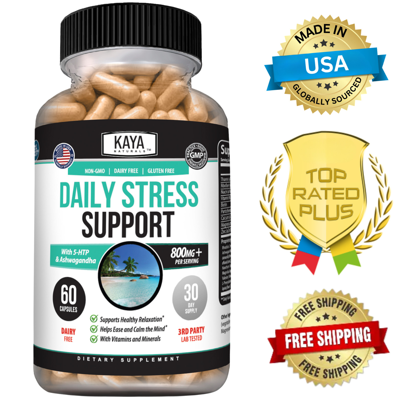 Natural Anxiety Stress Relief 60ct Ashwagandha Rhodiola L Theanine Calm