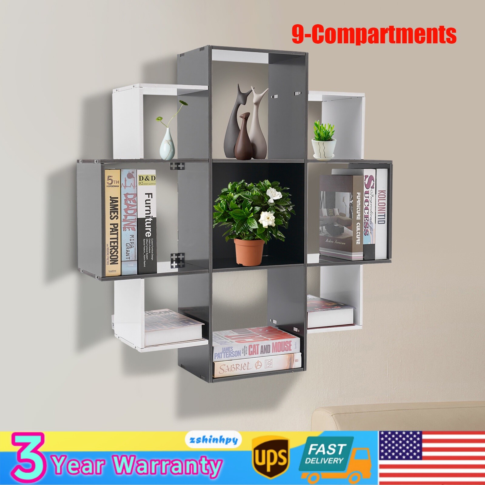 3 Tiers White Wall Mounted Bookcase With 9 Compartments  Book Shelf PVC Material
