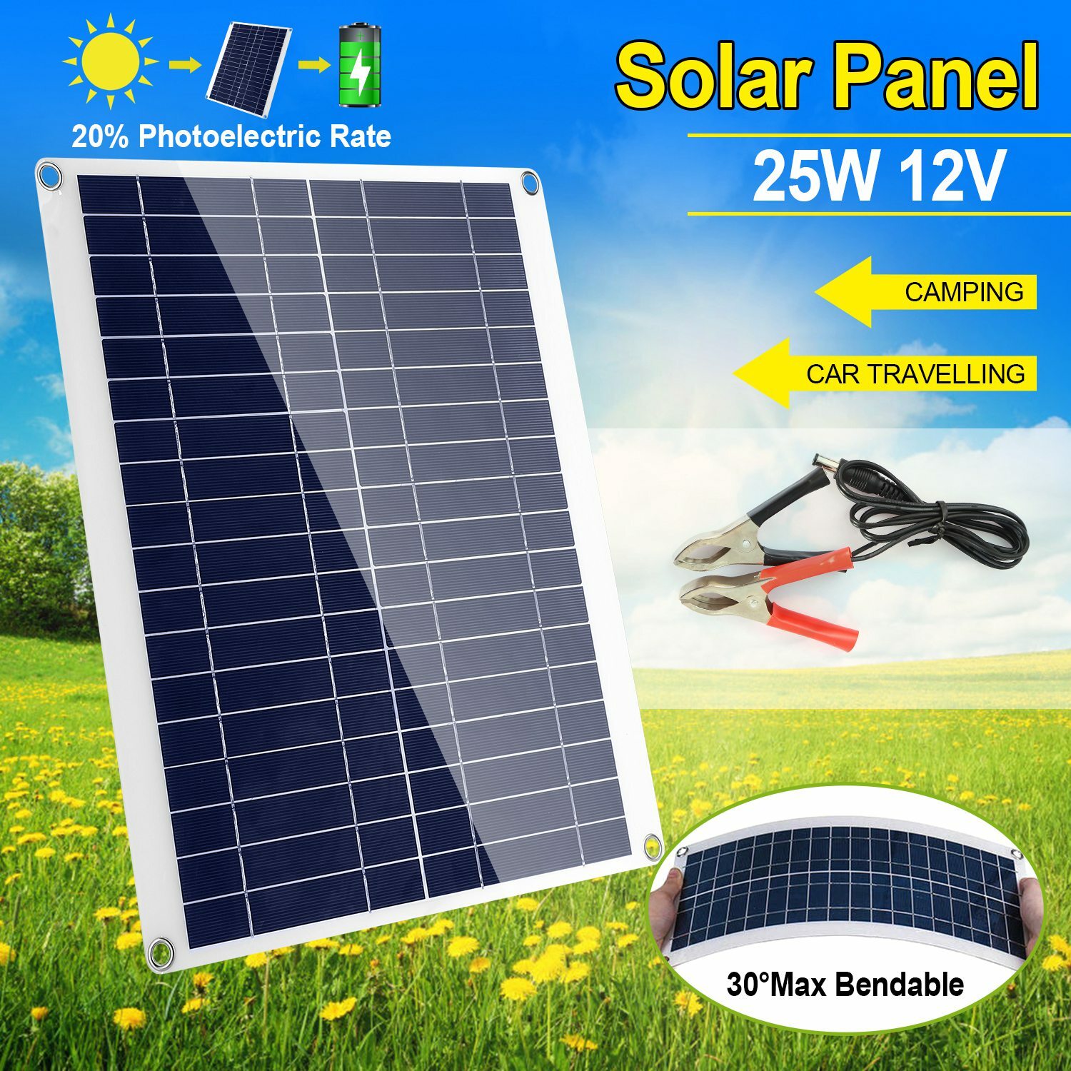 25 Watts 3.0A Dual USB Solar Panel Kit 12V Car Battery Charger IP68 Waterproof