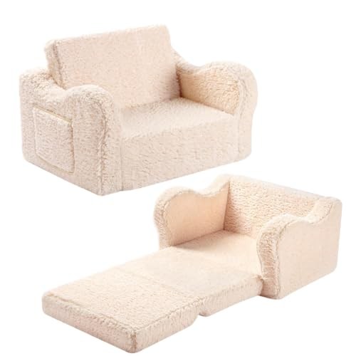 Kids Sofa, 2-in-1 Flip-Out Foam Couch with Soft Sherpa Cover, Cozy Medium Cream