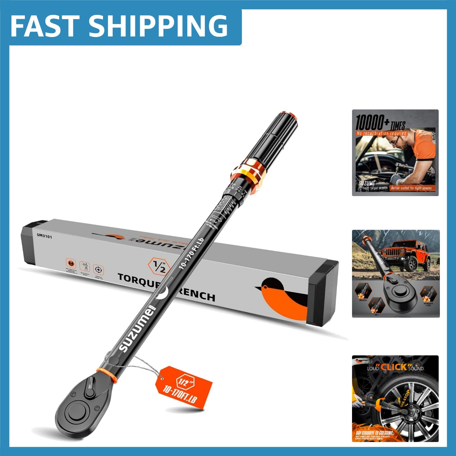 Adjustable Torque Wrench 1/2 Drive 10-170 Ft. Lb with Vibrate & Click Features