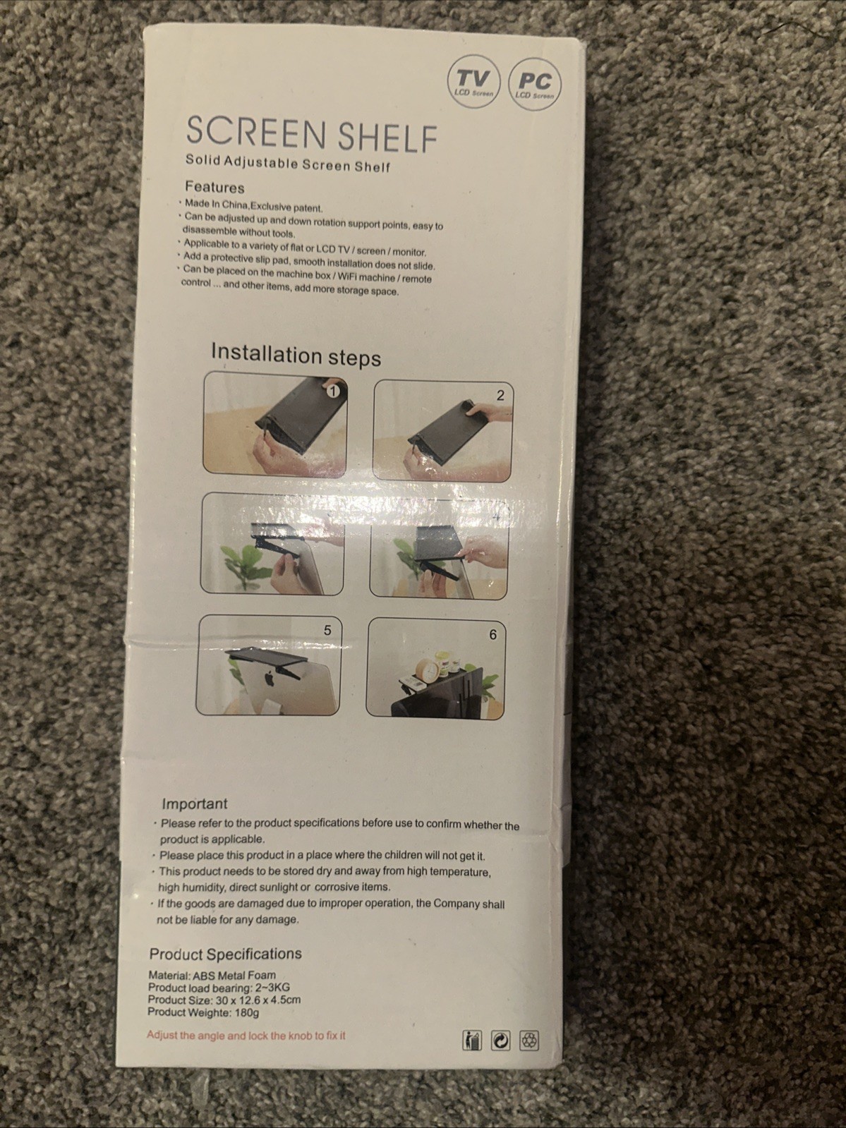 SCREEN SHELF. Solid Adjustable Screen Shelf
