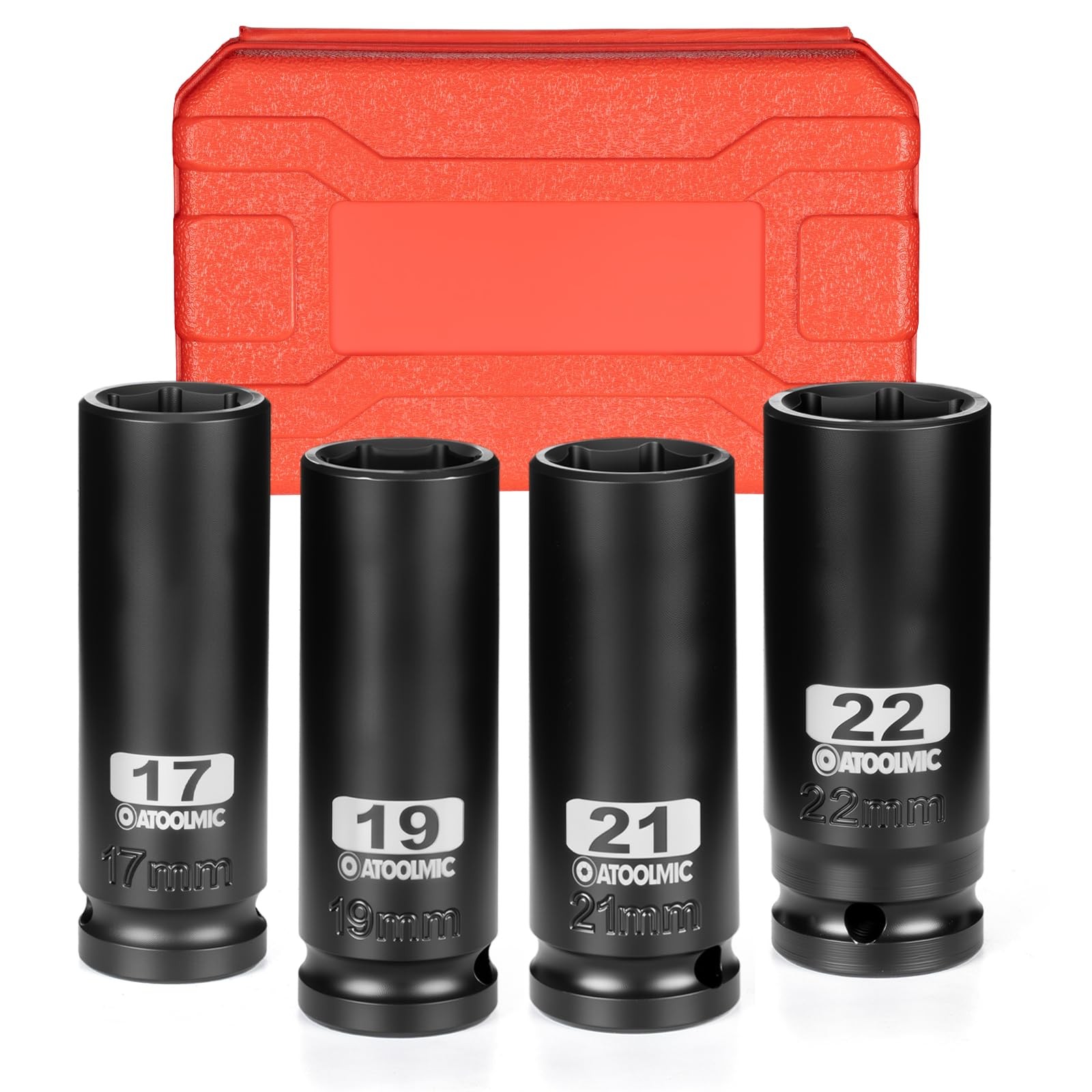 4 PCS Metric Impact Socket Set 1/2" Square Drive,Deep 17mm,19mm,21mm,22mm All...