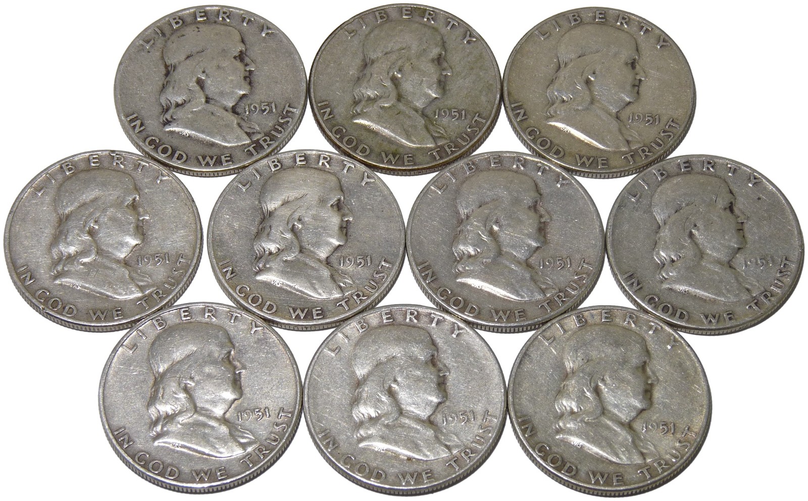 10 Franklin Half Dollars 1951 Mixed Mint $5 Face Value 90% Silver Lot