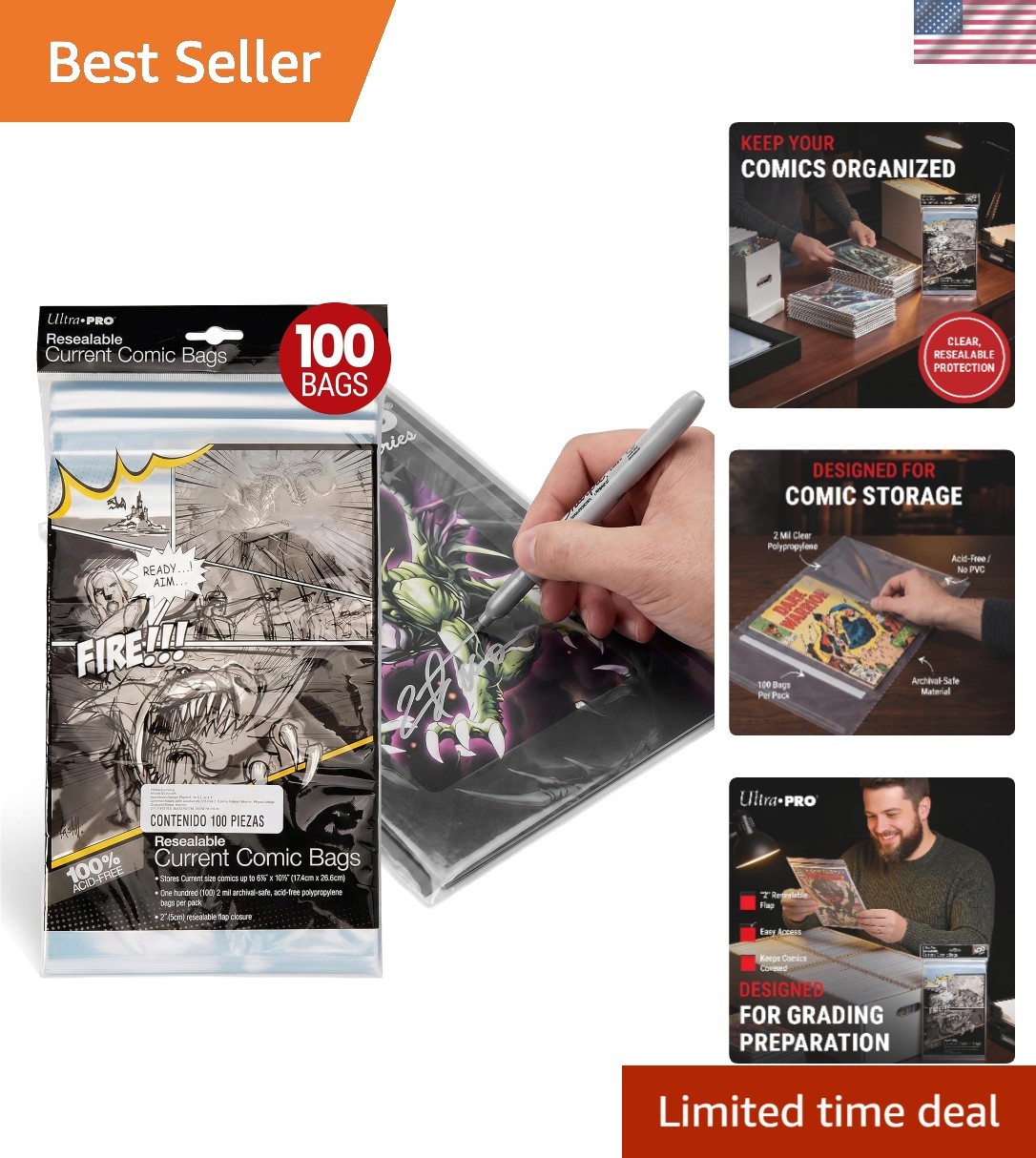 100 Pack Resealable Clear Comic Book Bags - Acid-Free Polypropylene Sleeves