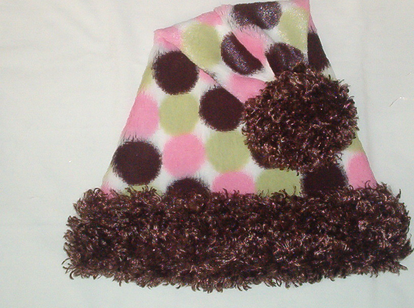24" Pink Green & Brown POLKA DOT Santa Hat with BROWN faux fur trim & ball