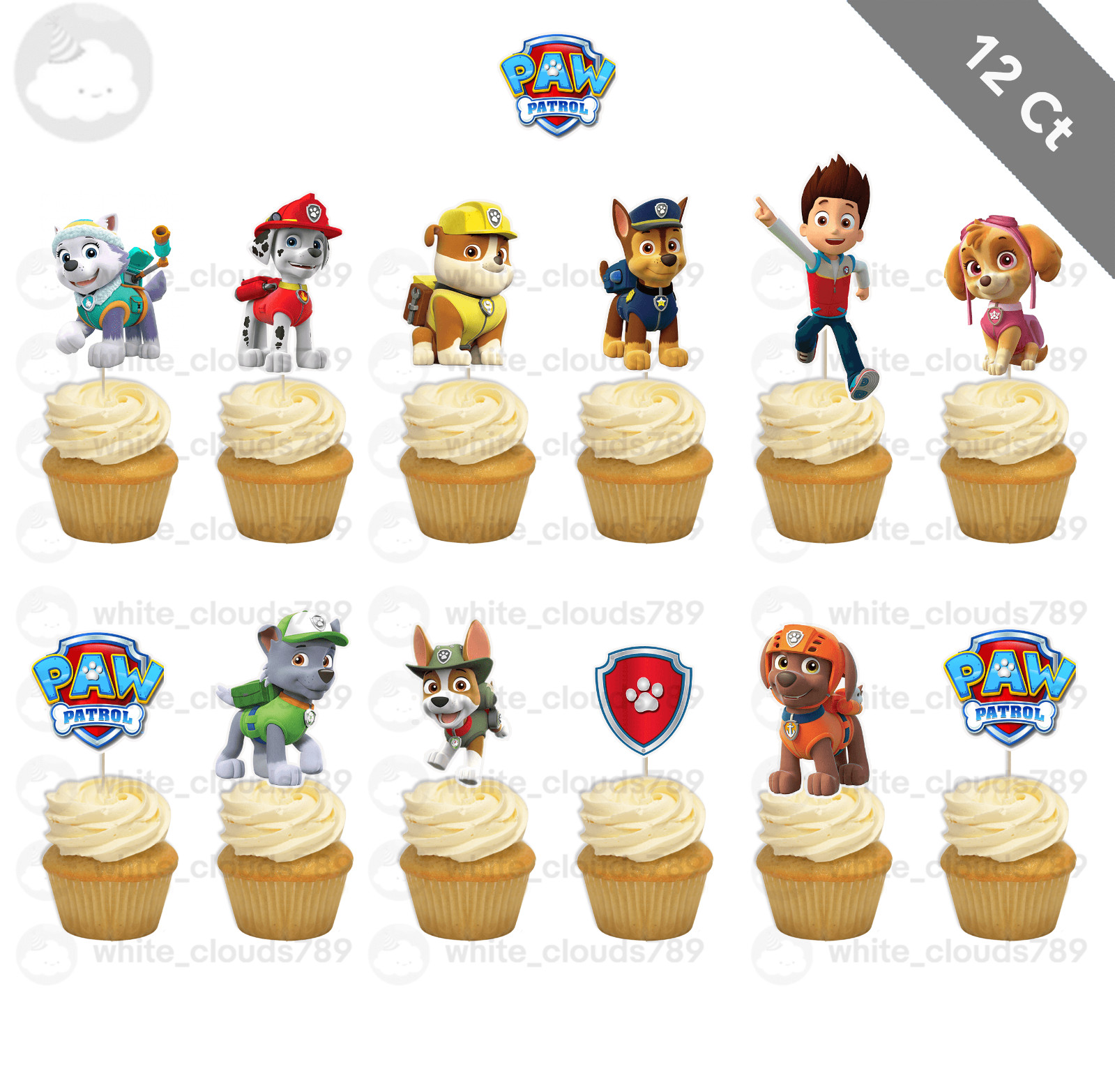 12 Paw Patrol Cupcake Topper Chase Marshall Dog Favor Party Birthday