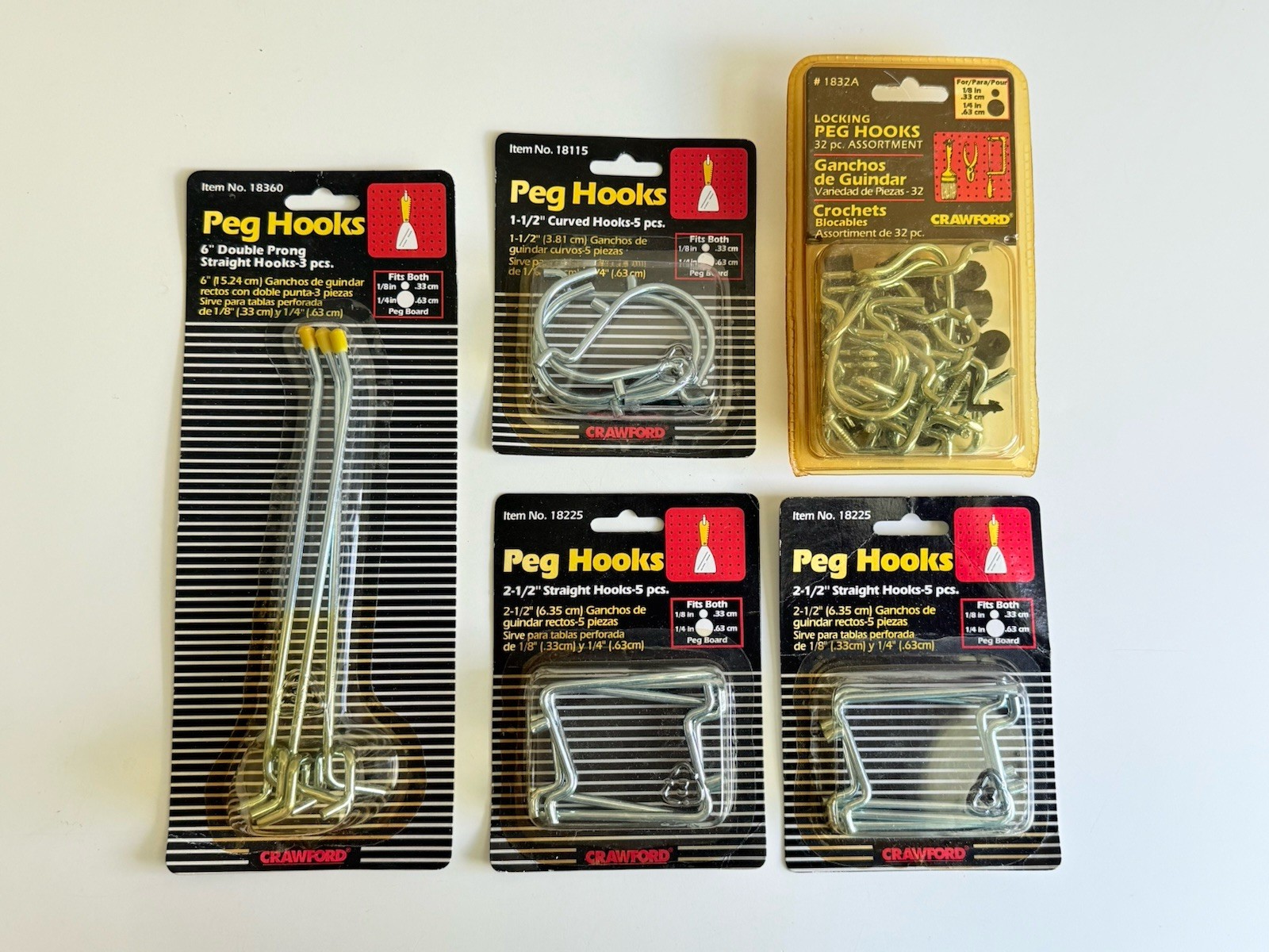 LOT! Crawford Straight Curved Locking HOOK Double Prong Peg Boards Tools Hooks