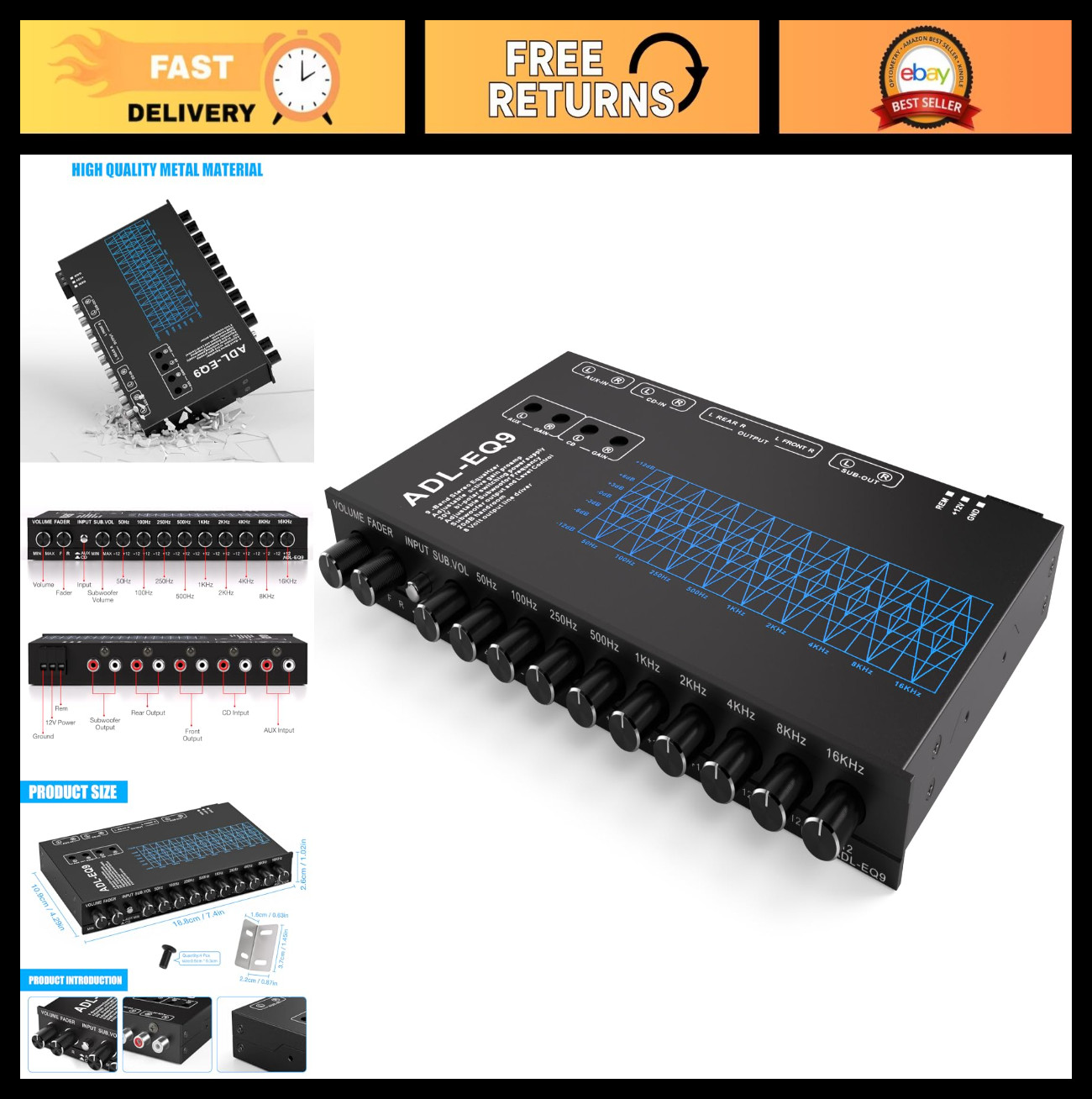 9-Band Car Audio Equalizer EQ with Front/Rear/Sub Outputs, 8V Line Driver, Adjus