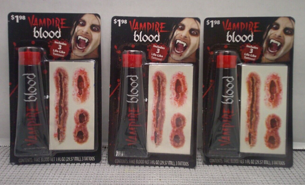 Lot of 3 Vampire Blood Includes 3 Life-Like Scare Tattoo Made India Fun World