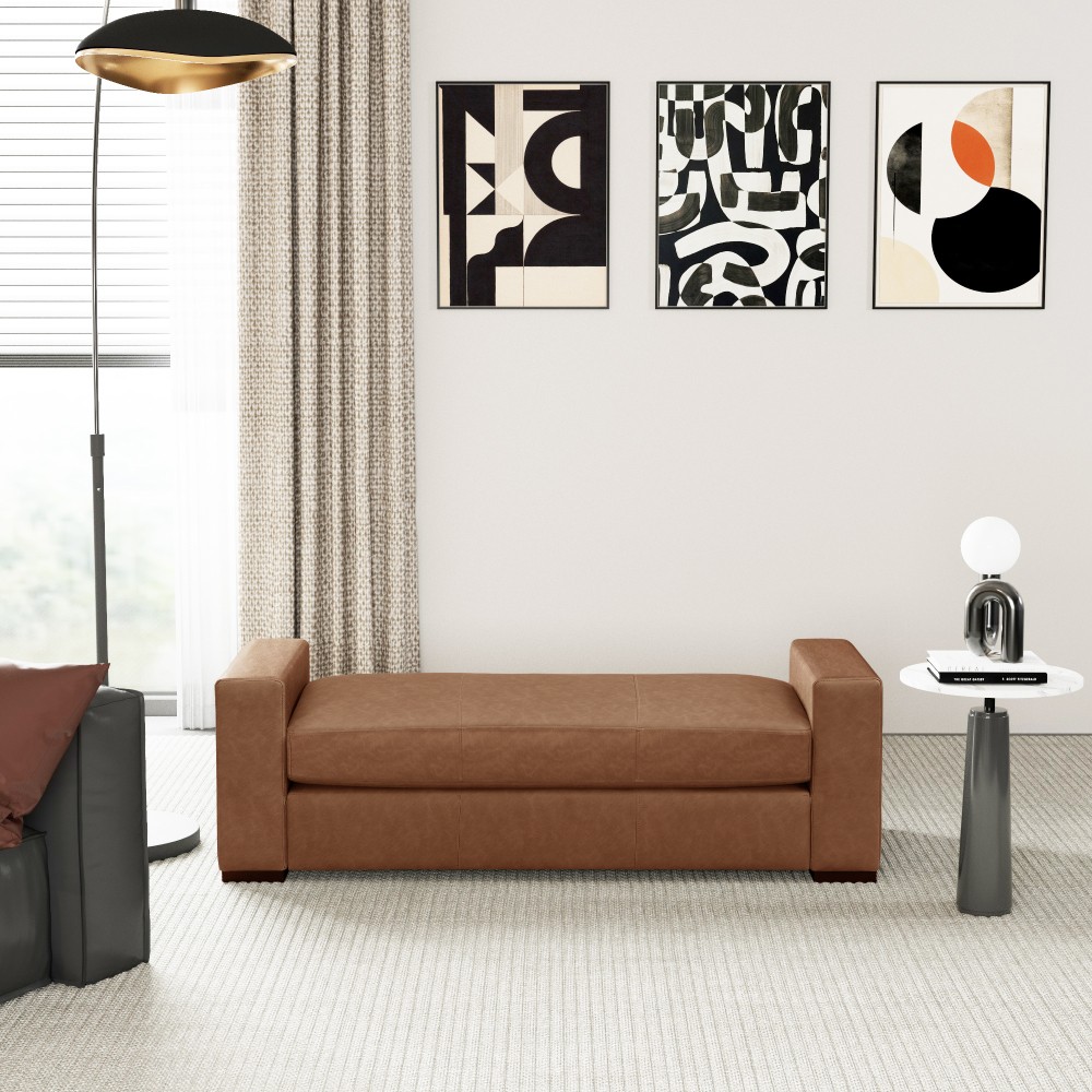 Faux Leather Bench Ottoman with Padded Armrests Living Room Bedroom Storage