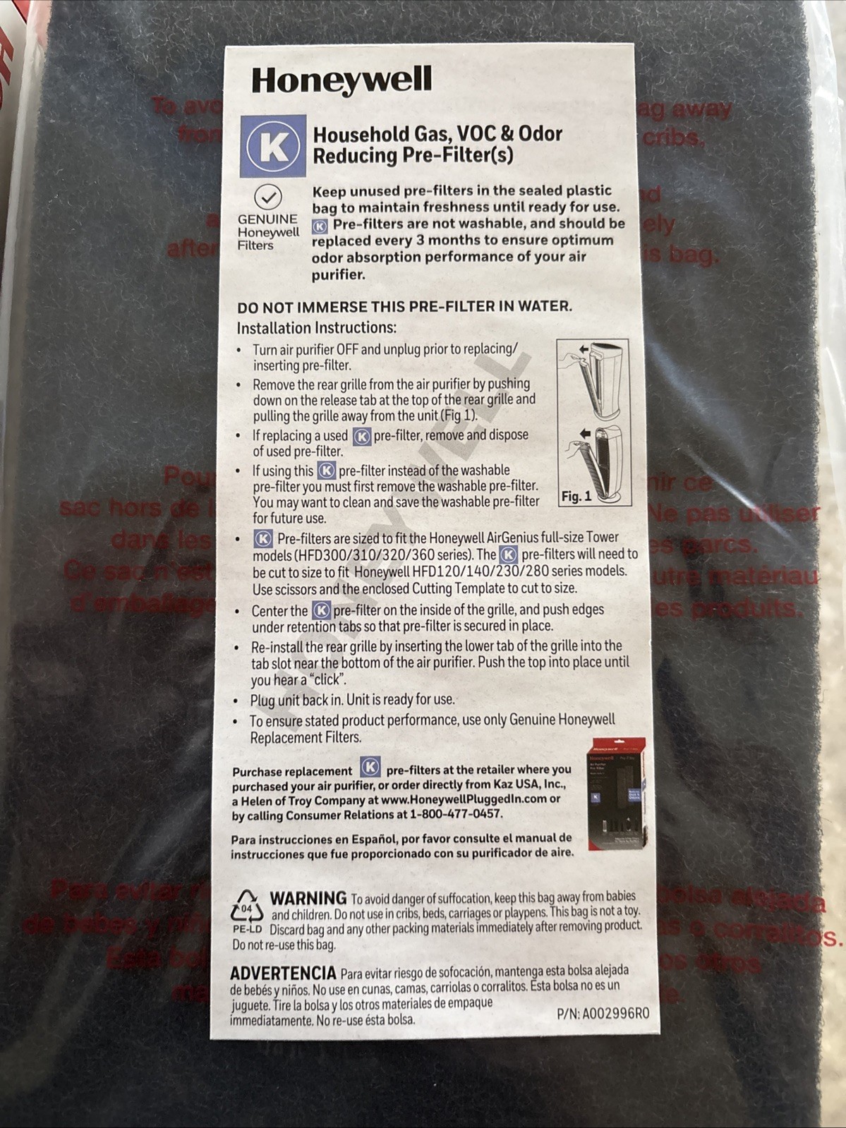 Honeywell HRFK2 Replacement Filter - Black 2 Pack New