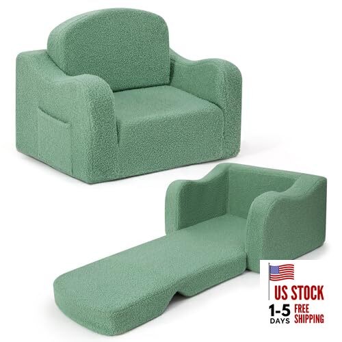 Comfy Toddler Chair & Kids, 2-in-1 Soft Couch Fold Out for Teddy Velvet Green