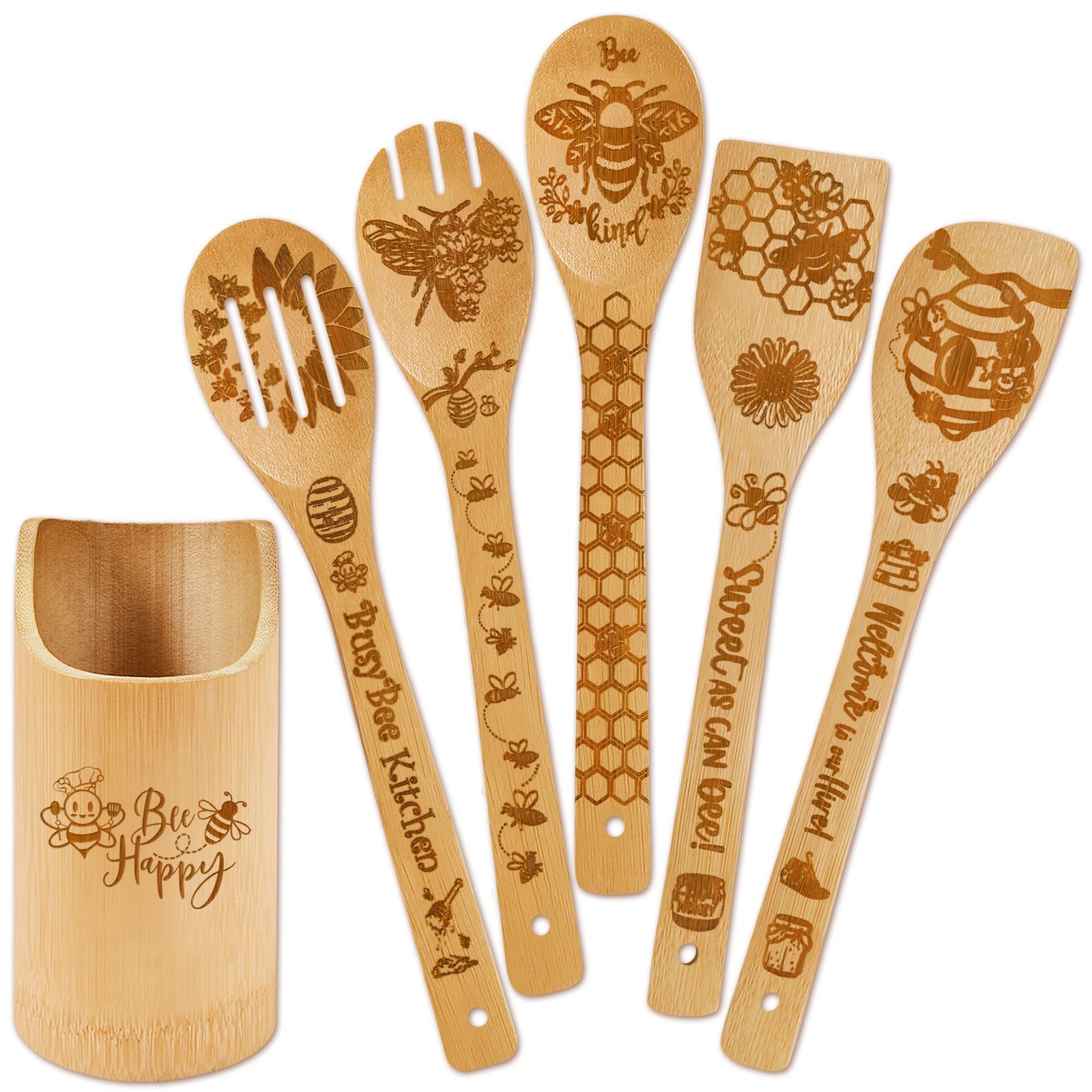 6 PCS Bee Wooden Cooking Bamboo Spoons Set,Bumble 2.4IN*11.8IN,