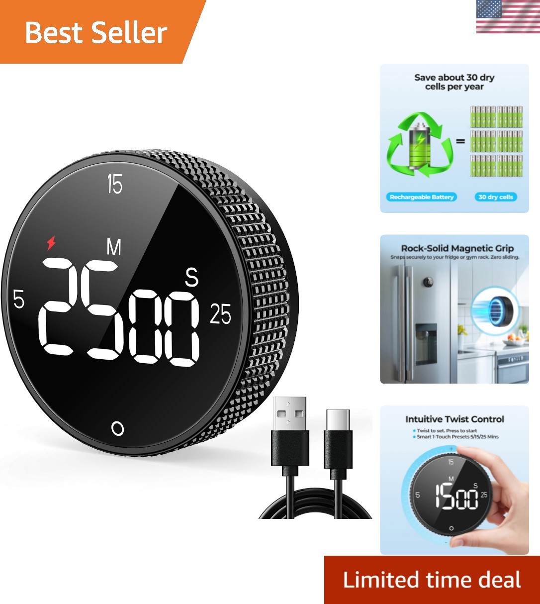 USB Rechargeable Magnetic Kitchen Timer for Cooking, Building 800mAh Battery ...