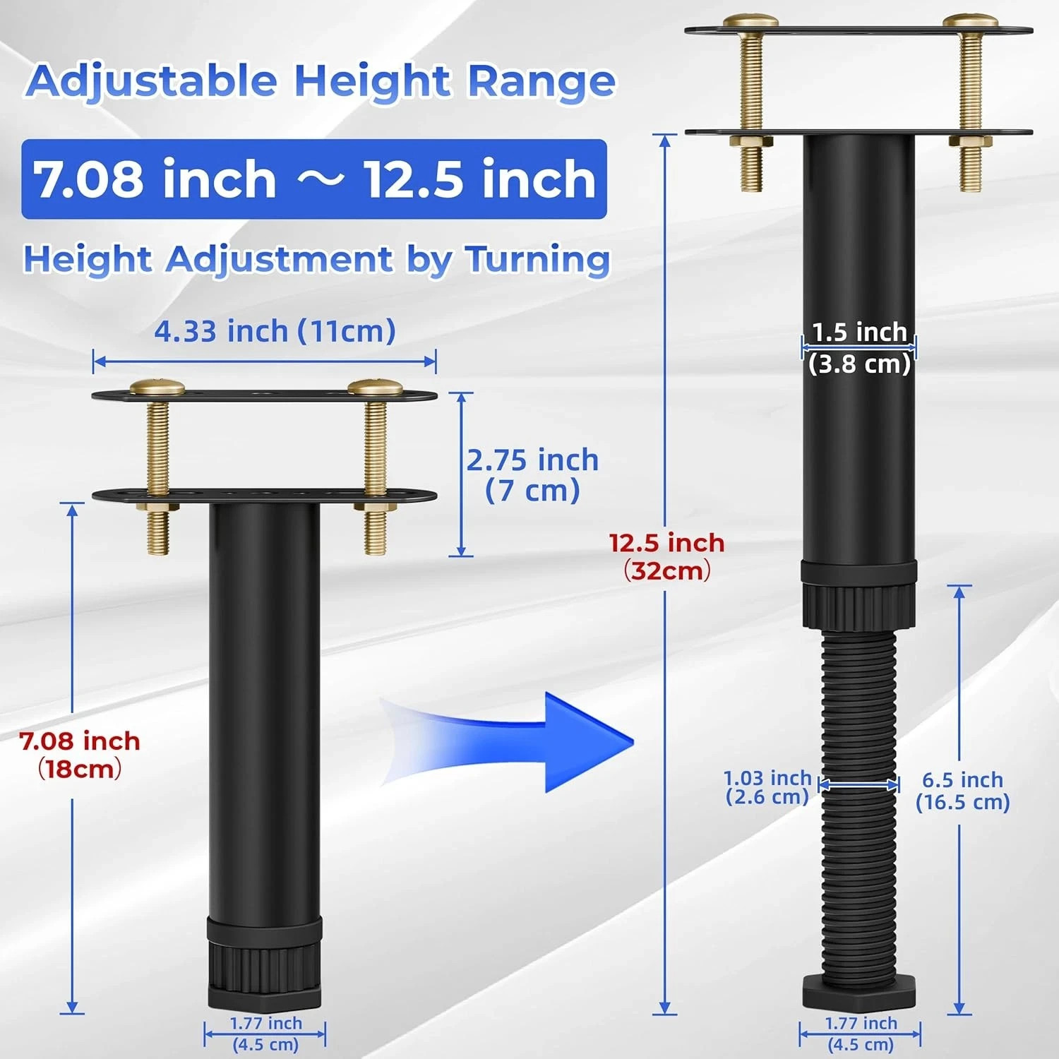6 Pcs Adjustable Height Bed Support Legs 7.08-12.5 inch w/Locking Ring