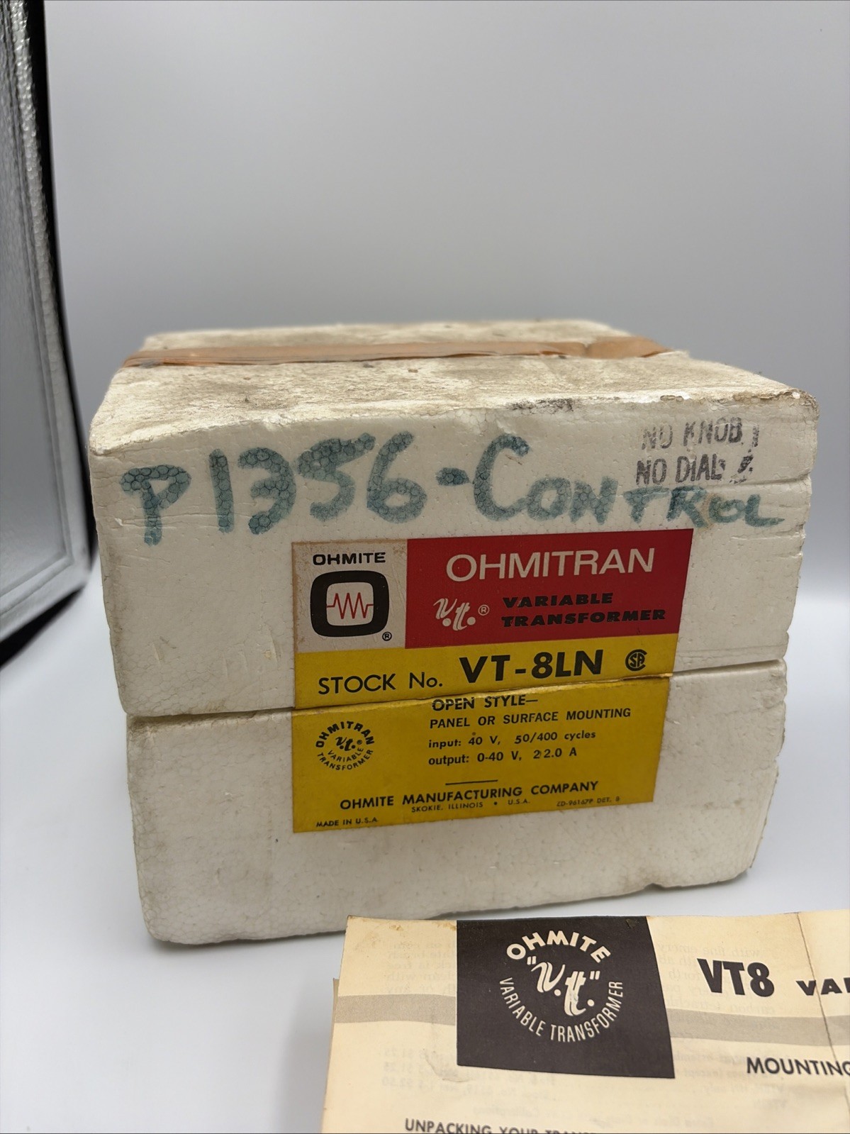 Vintage Ohmite variable transformer VT8LN 474 P1356 Control Working Unit USA