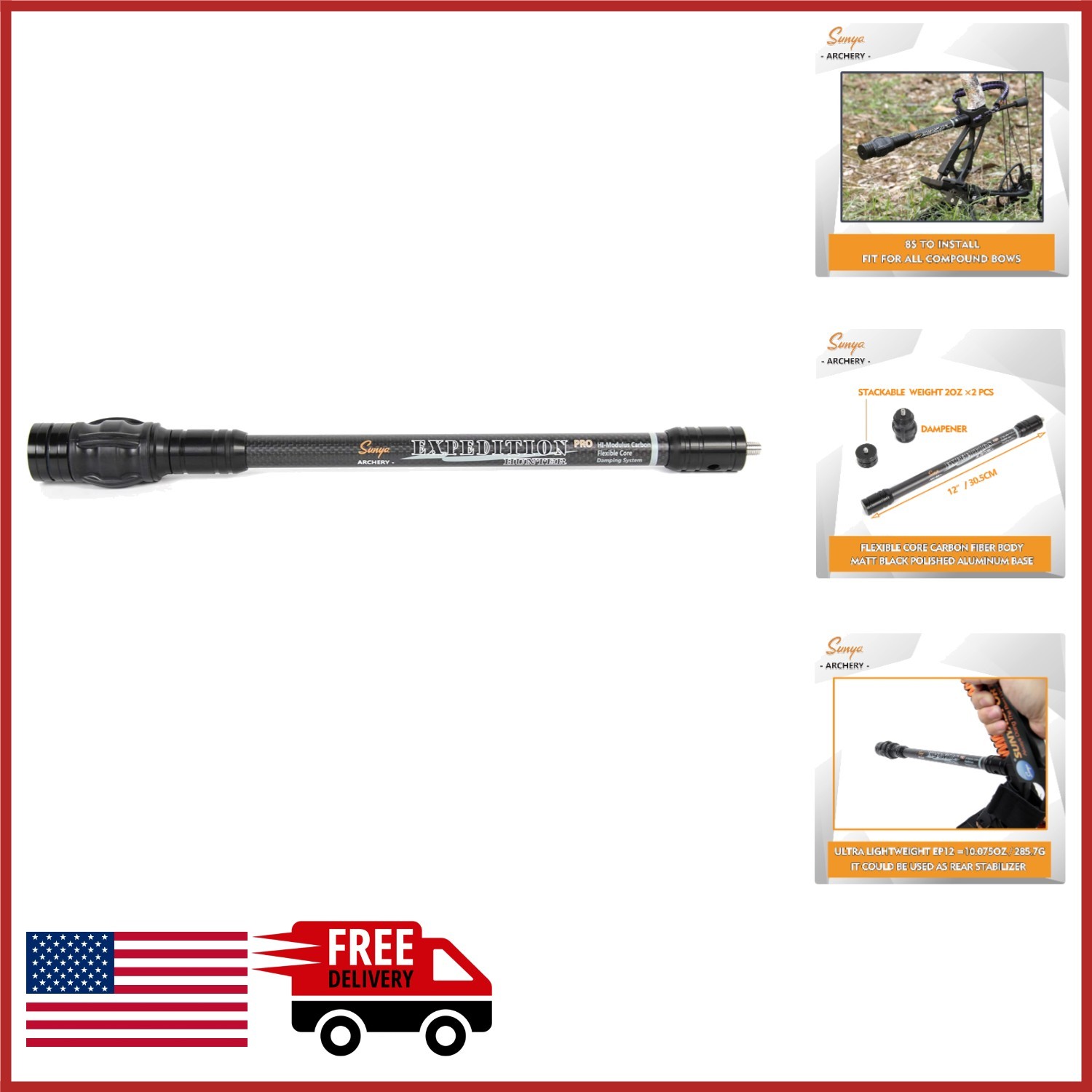 Lightweight 12" Archery Bow Stabilizer for Compound Bow with Adjustable Weights