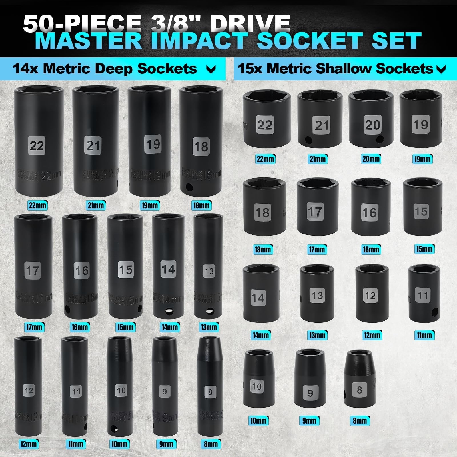 3/8 SAE and metric socket set, 50 Piece Impact Socket Set, StandardSAE (5/16 ...