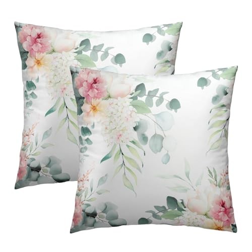 Spring Sage Green Leaf Pillow Covers 18x18 Set of 2, Eucalyptus Floral